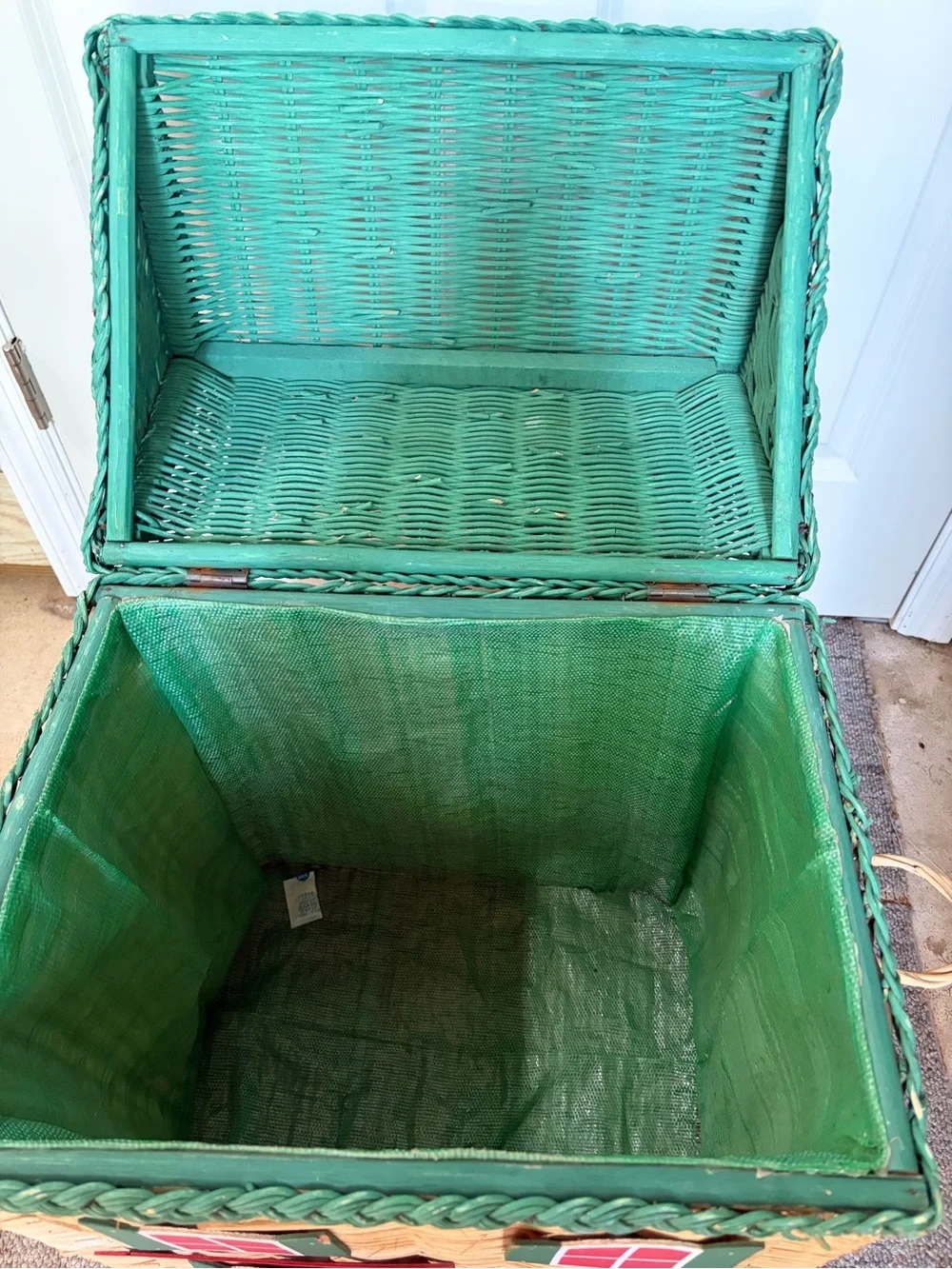 Vintage Green & Red Wicker Dollhouse Storage Chest